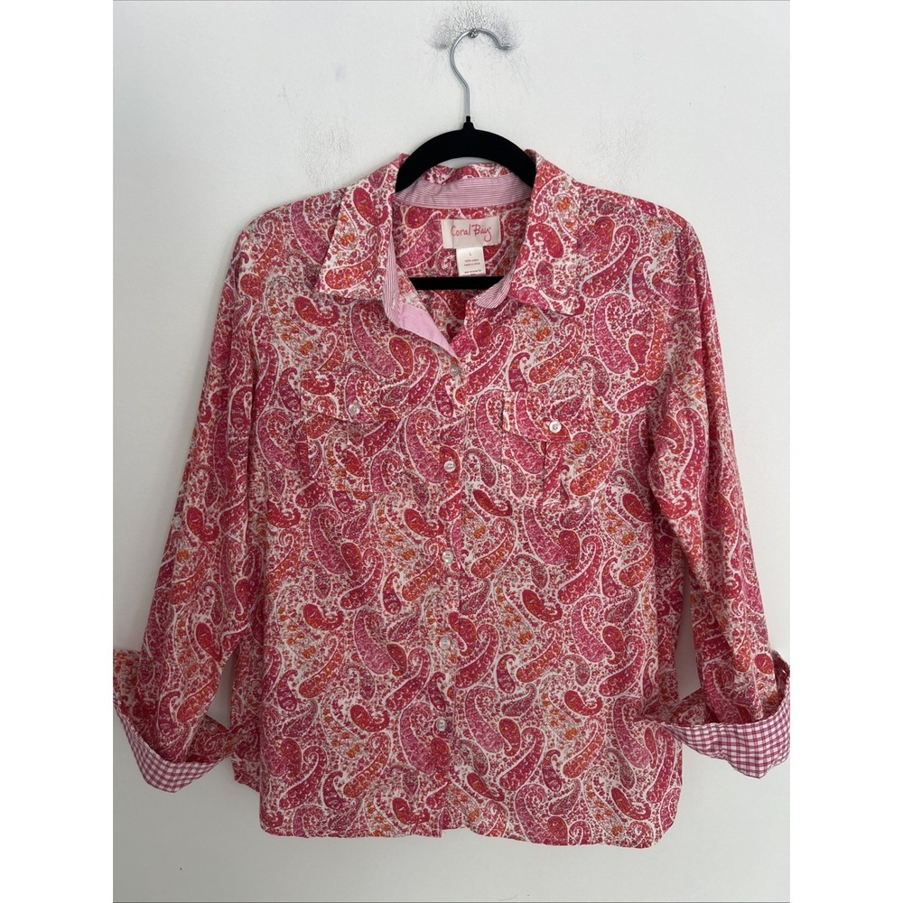 Carol‎ Bay Women's L Long Sleeve Button Up Pockets Pink Paisley Western Boho